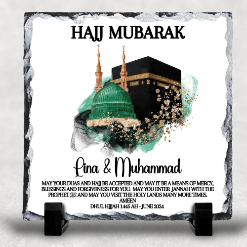 Personalised Hajj Mubarak , Umrah Kaaba and Medina Eid Muslim Gift Slate