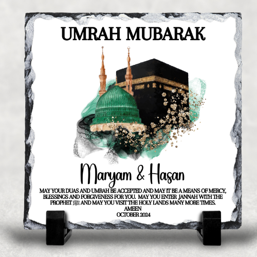 Personalised Hajj Mubarak , Umrah Kaaba and Medina Eid Muslim Gift Slate