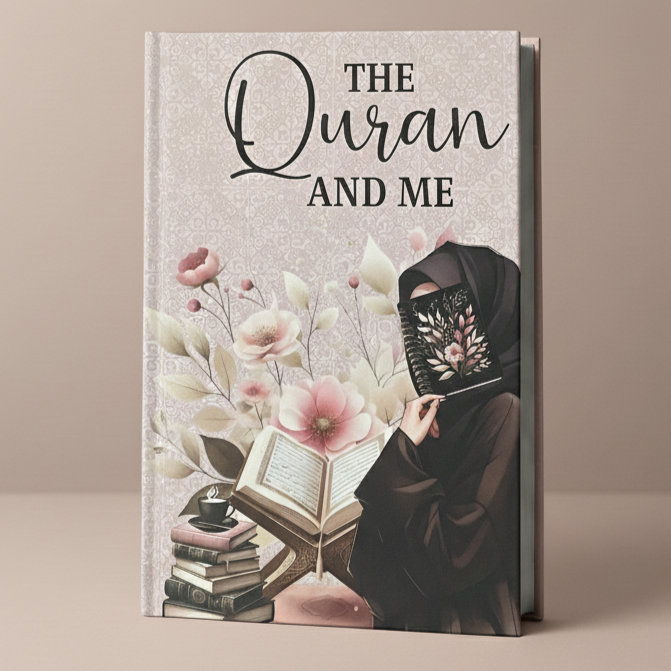 Book titled 'The Quran and Me' with a cover design featuring a person reading a Quran with flowers and books on a beige background.