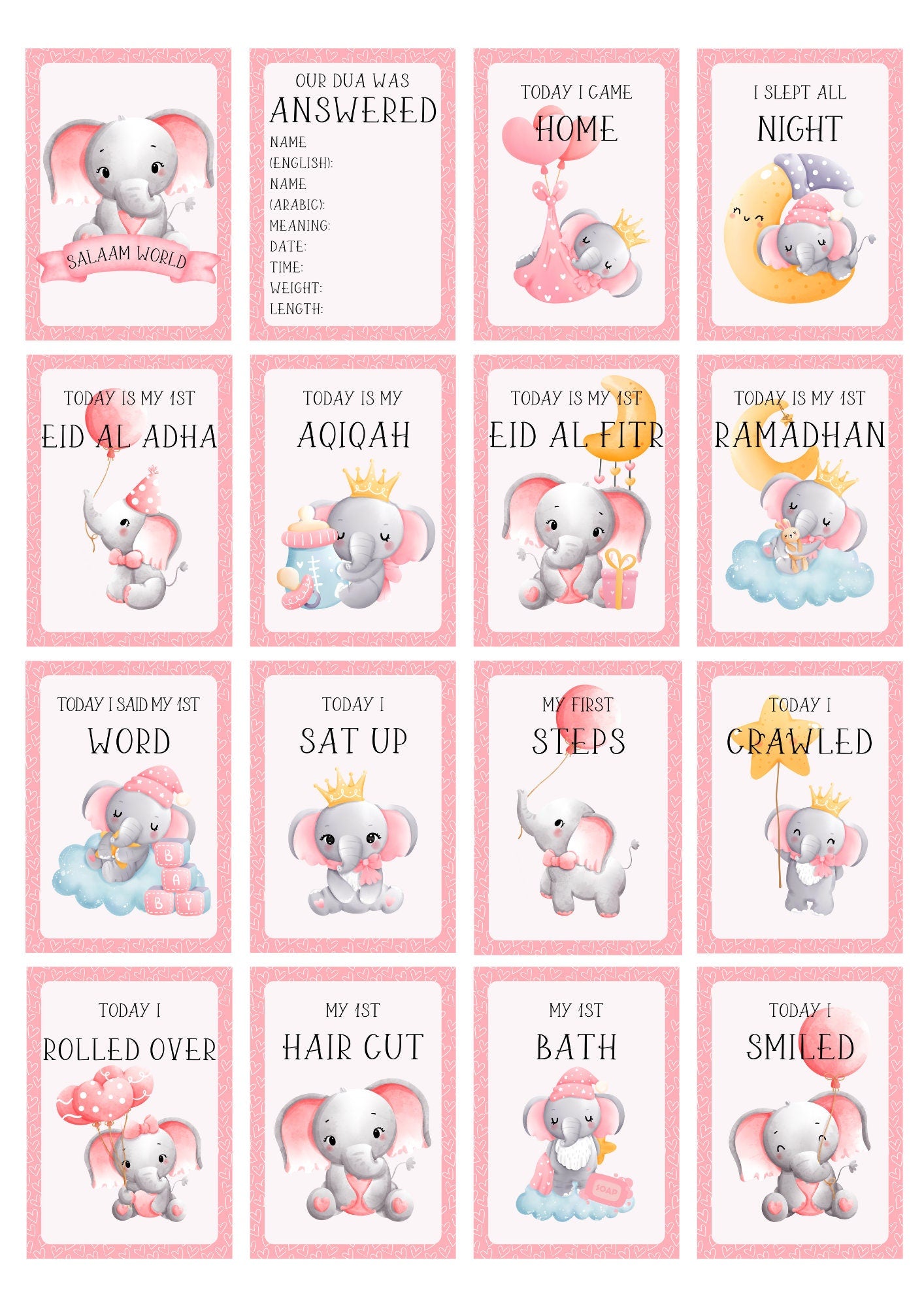 Islamic Baby Elephants Milestones - muslim baby girls and boys - islamic gifting - new and expectant parent gifting - baby gifitng