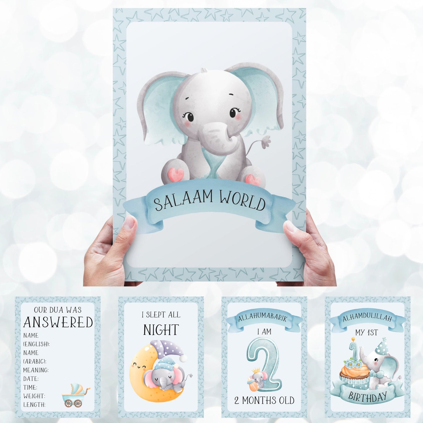 Islamic Baby Elephants Milestones - muslim baby girls and boys - islamic gifting - new and expectant parent gifting - baby gifitng