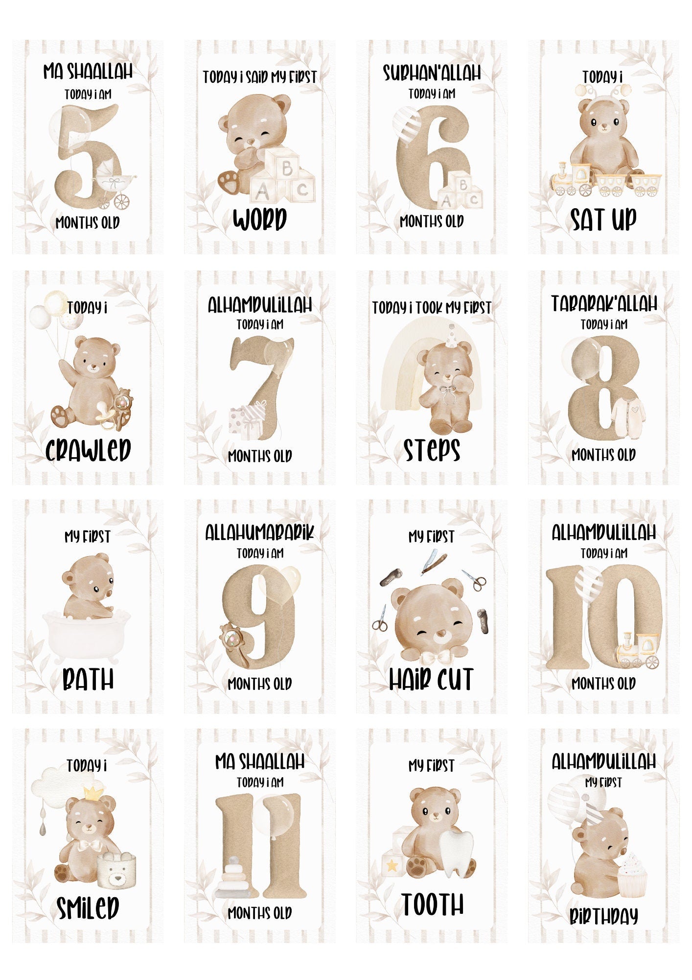 Islamic Bear Miletone Cards - muslim baby girls and boys - islamic gifting - new and expectant parent gifting - baby gifitng
