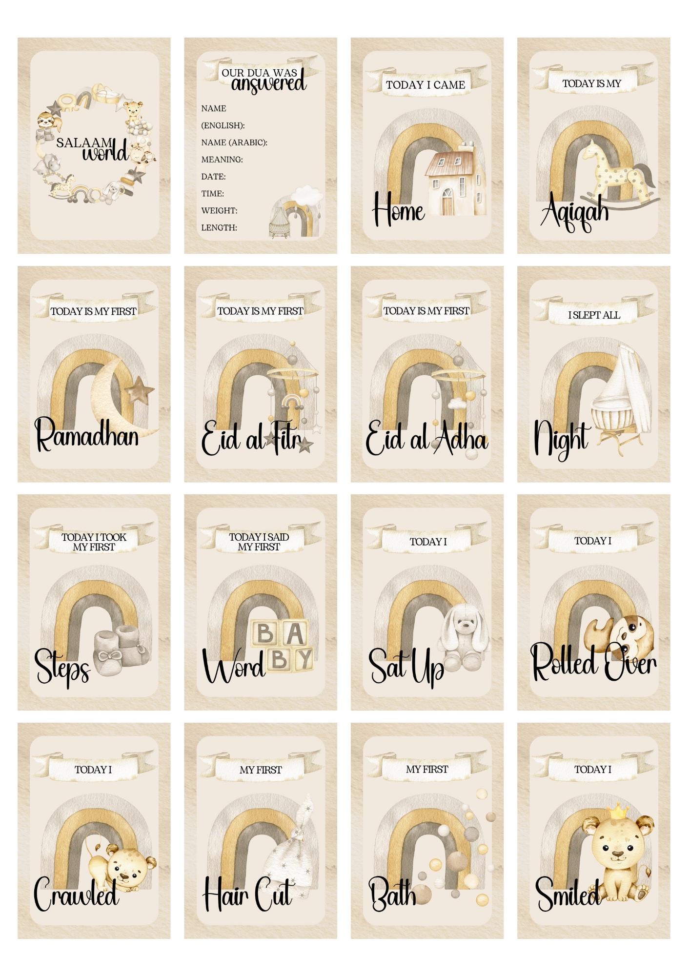 Islamic Animal Milestone Cards - muslim baby girls and boys - islamic gifting - new and expectant parent gifting - baby gifitng