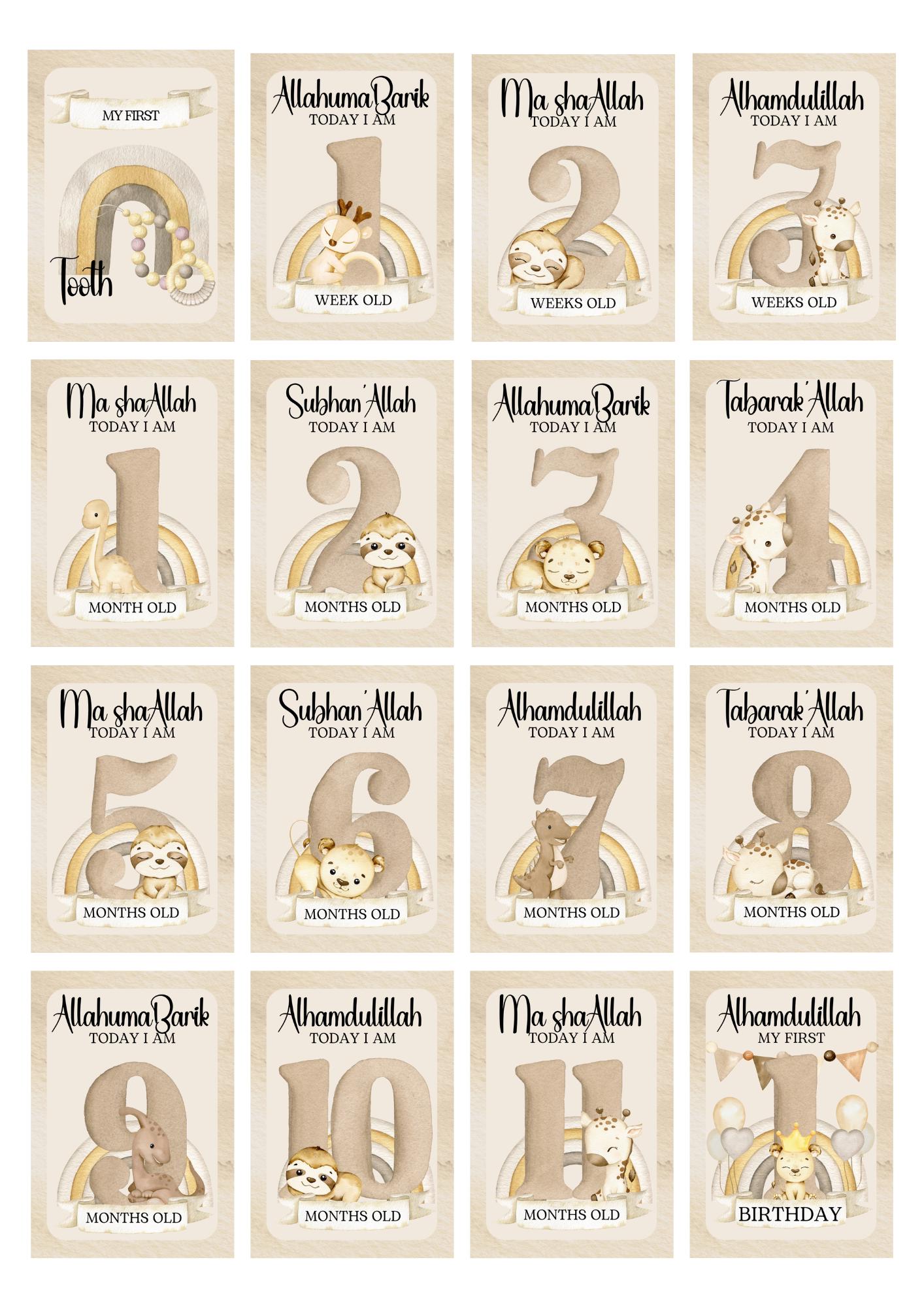 Islamic Animal Milestone Cards - muslim baby girls and boys - islamic gifting - new and expectant parent gifting - baby gifitng