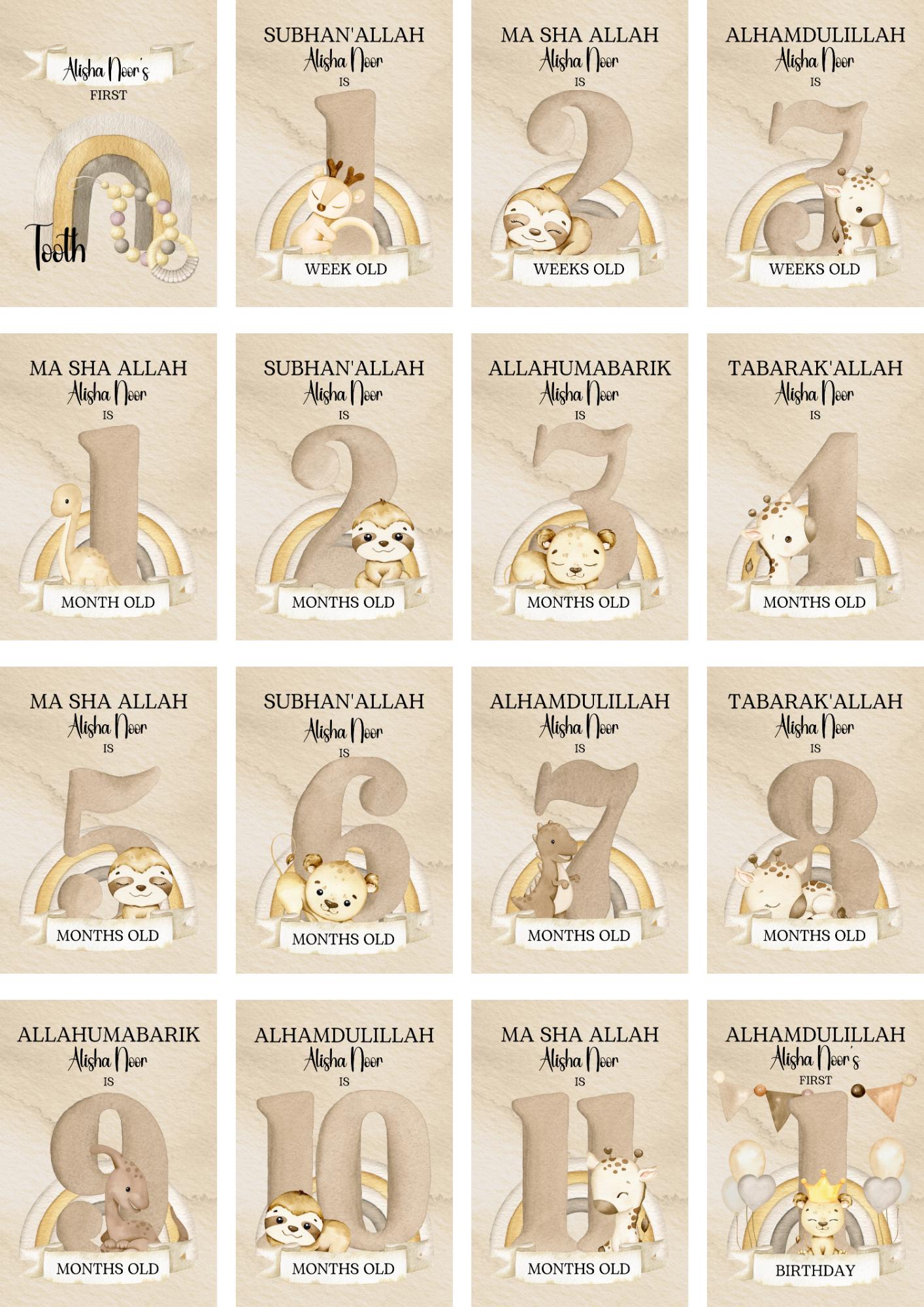 Personalised Islamic Animal Milestone Cards - muslim baby girls - islamic gifting - new and expectant parent gifting