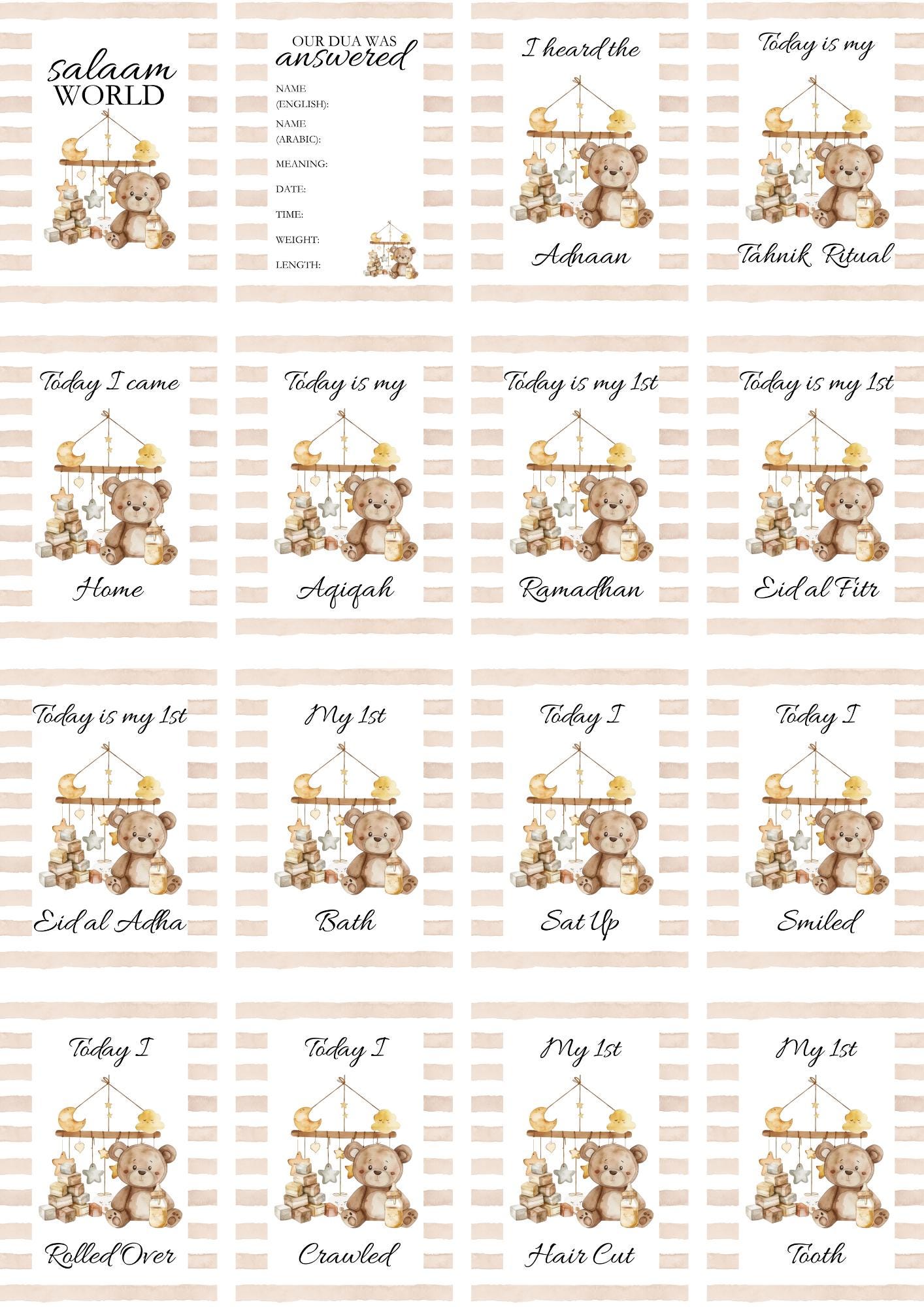 Islamic Milestone Cards - Muslim baby girls and boys - Islamic gifting - new and expectant parent gifting - baby gifting