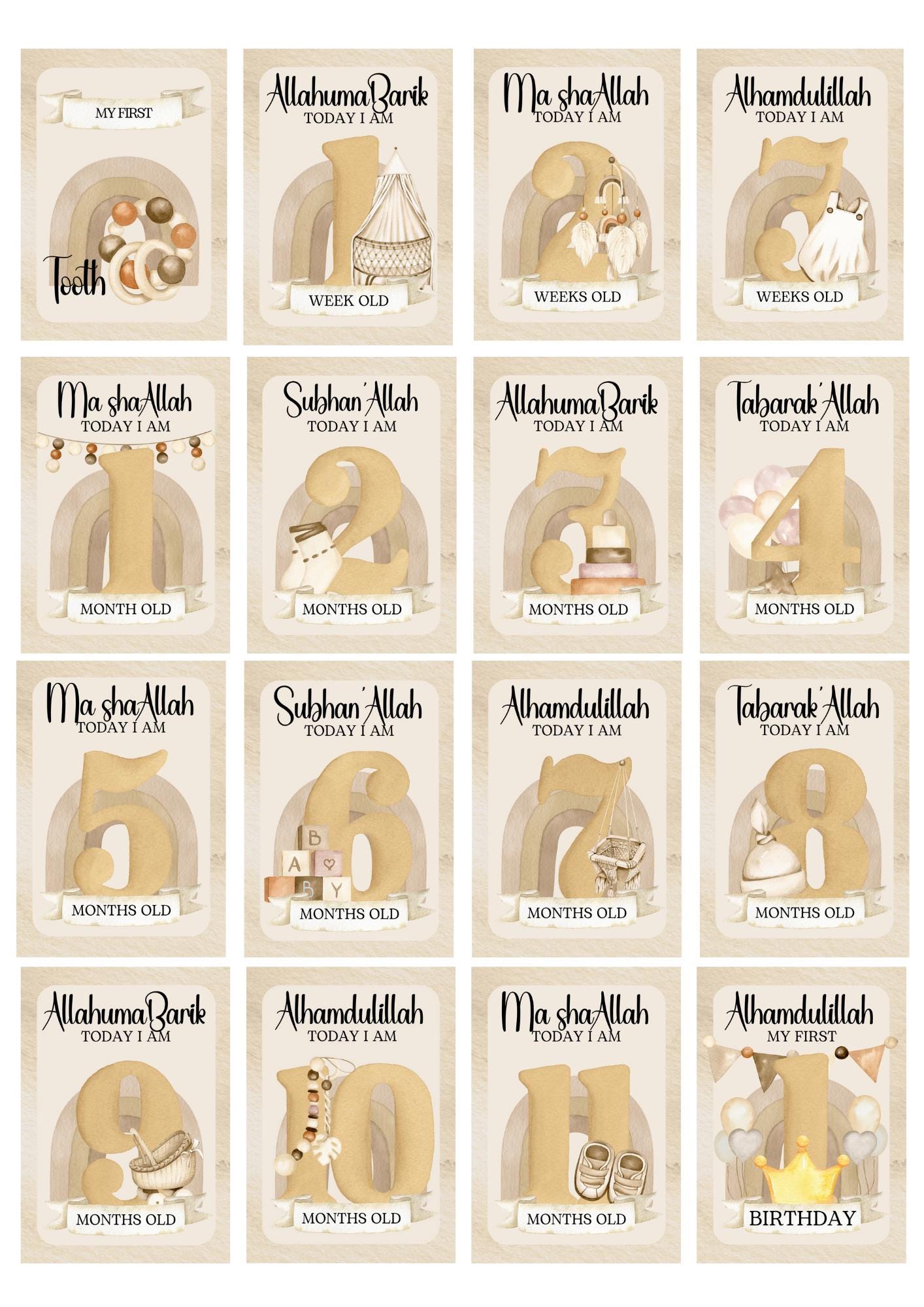 Islamic No Face Milestone Cards - muslim baby girls - islamic gifting - new and expectant parent gifting