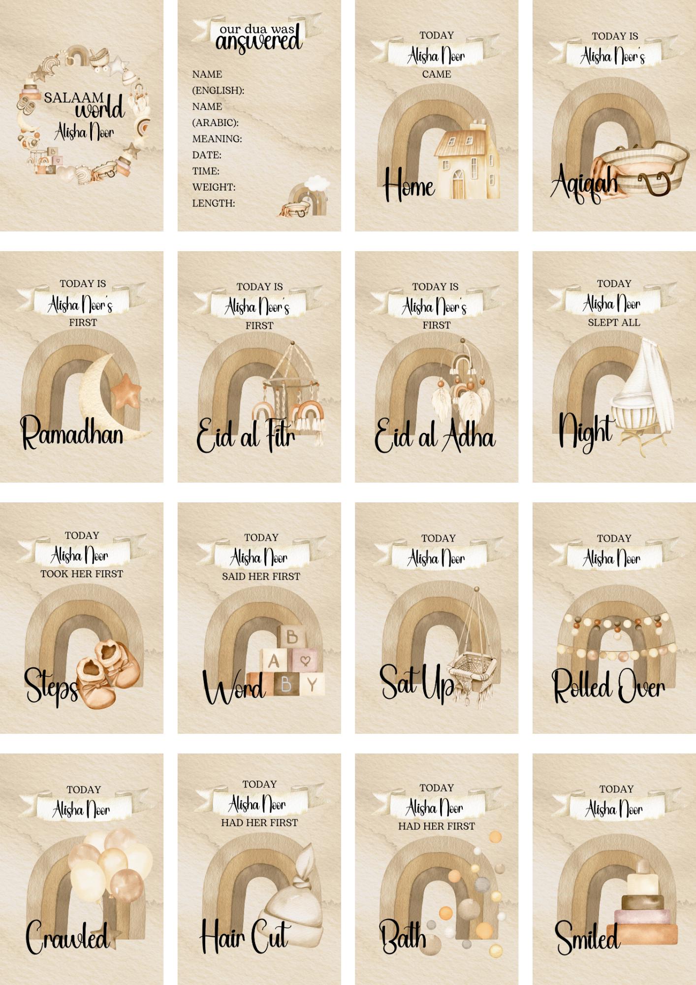 Personalised Islamic No Face Milestone Cards - muslim baby girls - islamic gifting - new and expectant parent gifting