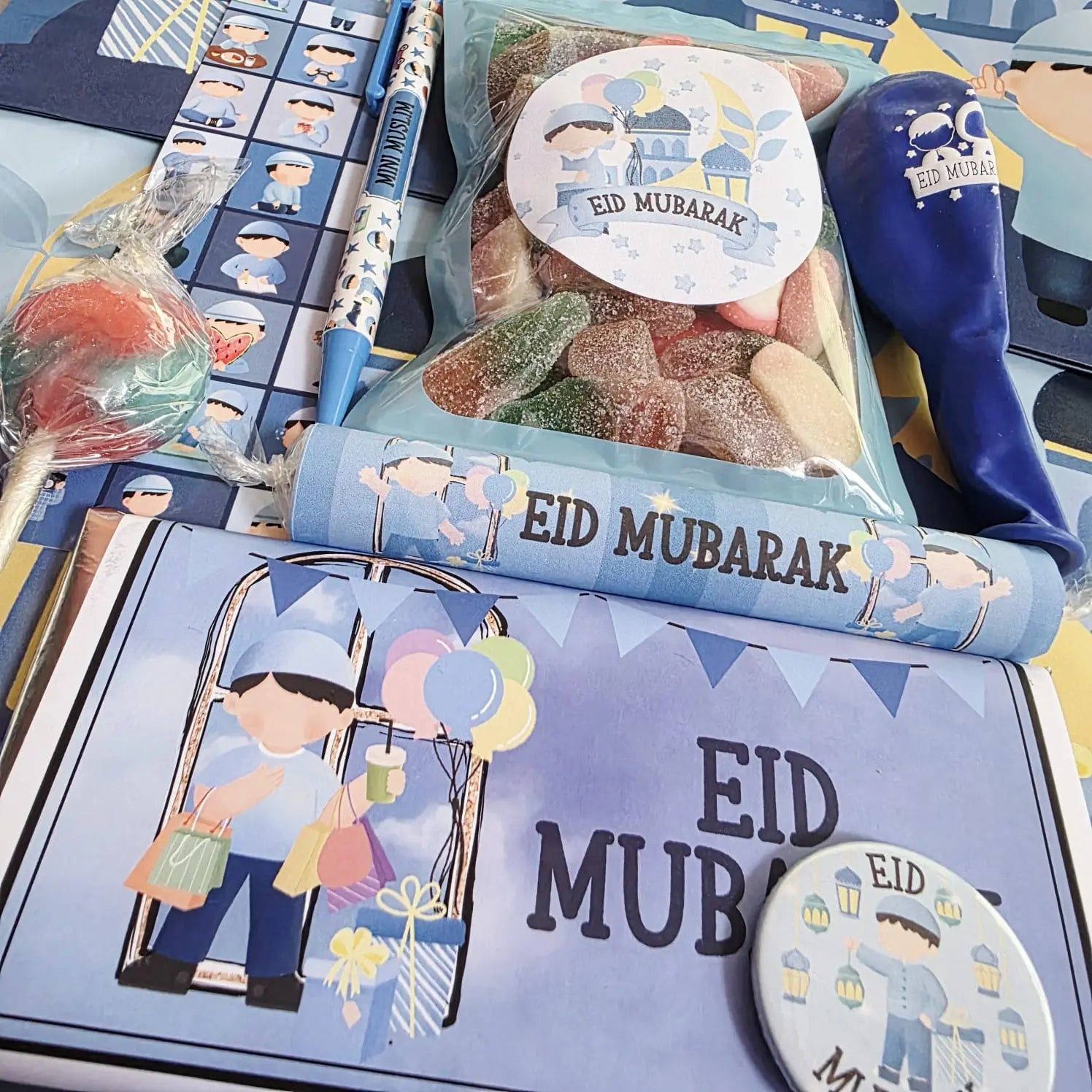 Personalised Eid gift bag with sweets, stationery and Eid Mubarak treats