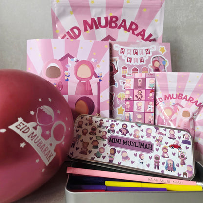 Pink 'Eid Mubarak' themed stationery set with a mini Muslimah tin and balloons.