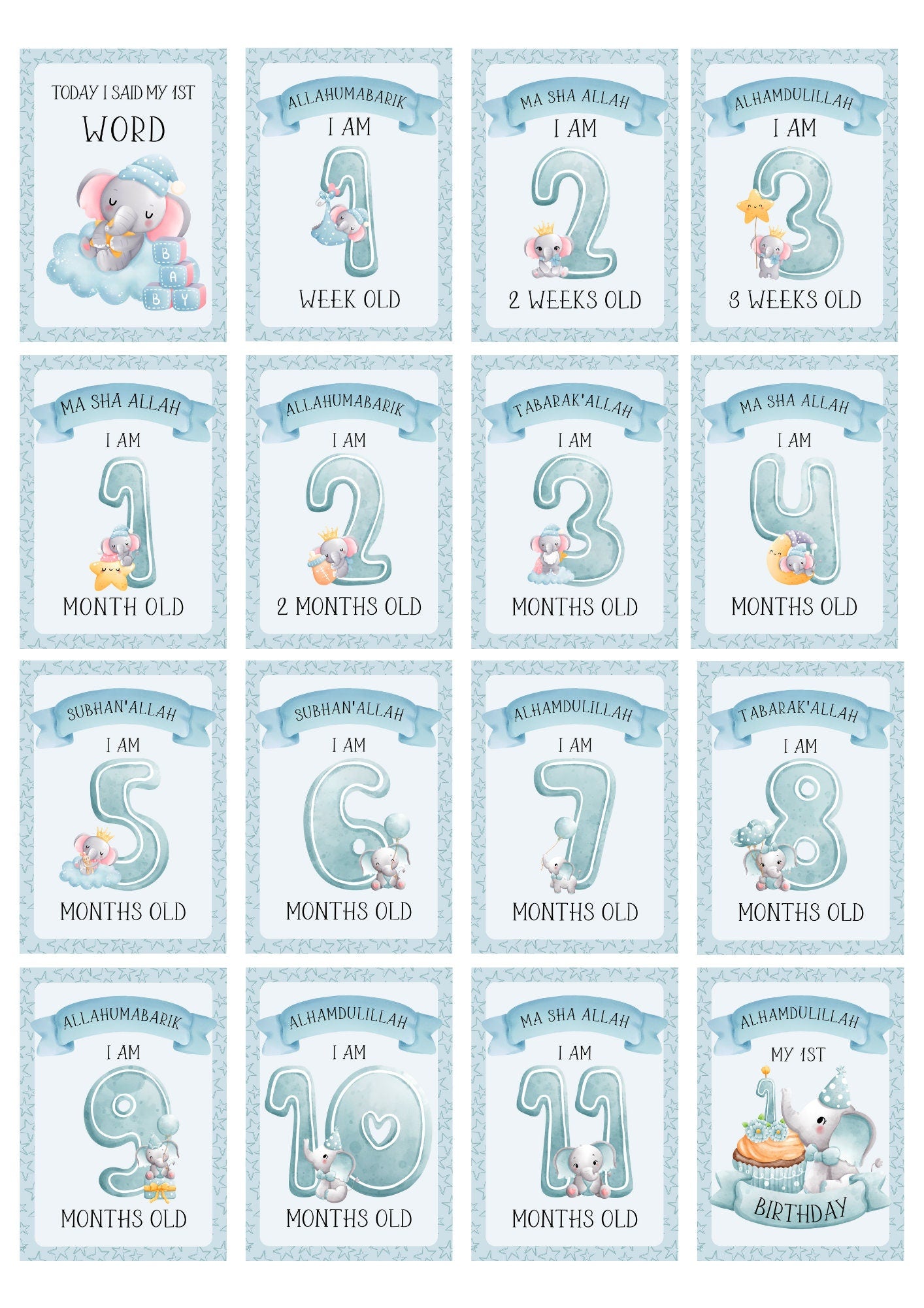 Islamic Baby Elephants Milestones - muslim baby girls and boys - islamic gifting - new and expectant parent gifting - baby gifitng
