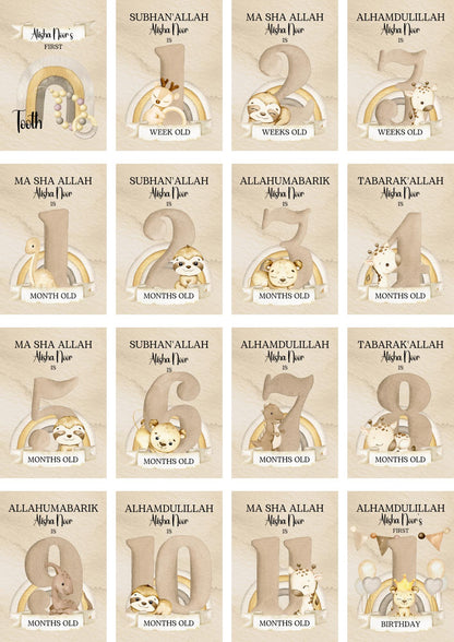 Personalised Islamic Animal Milestone Cards - muslim baby girls - islamic gifting - new and expectant parent gifting My Store