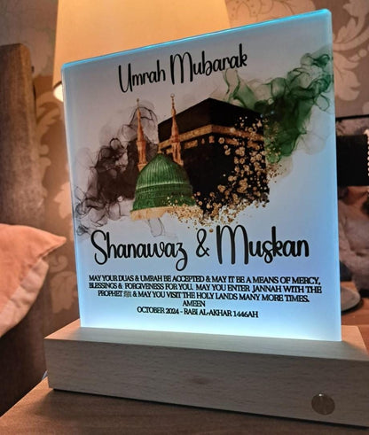 Light up LED Glass Personalised Hajj Mubarak , Umrah Kaaba and Medina  Eid Muslim Gift With Stand My Store