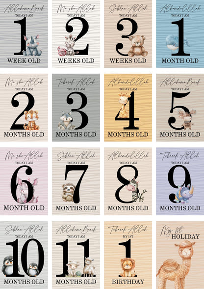 Bright Animal Islamic Milestone Cards - Muslim baby girls and boys - Islamic gifting - new and expectant parent gifting - baby gifting