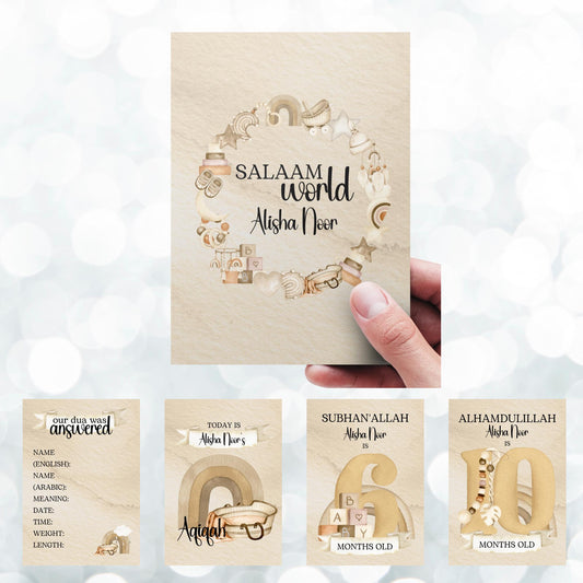 Personalised Islamic No Face Milestone Cards - muslim baby girls - islamic gifting - new and expectant parent gifting