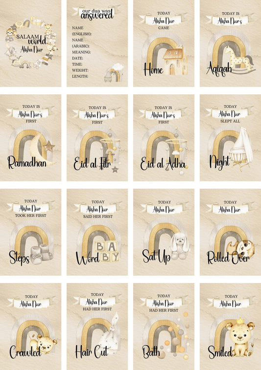 Personalised Islamic Animal Milestone Cards - muslim baby girls - islamic gifting - new and expectant parent gifting
