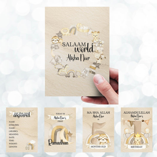 Personalised Islamic Animal Milestone Cards - muslim baby girls - islamic gifting - new and expectant parent gifting