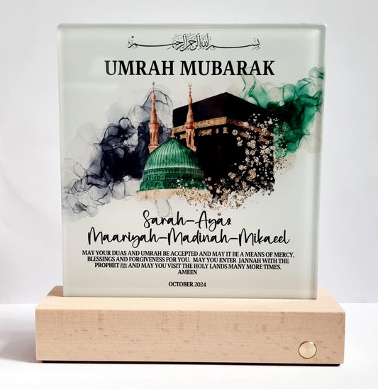 Light up LED Glass Personalised Hajj Mubarak , Umrah Kaaba and Medina  Eid Muslim Gift With Stand