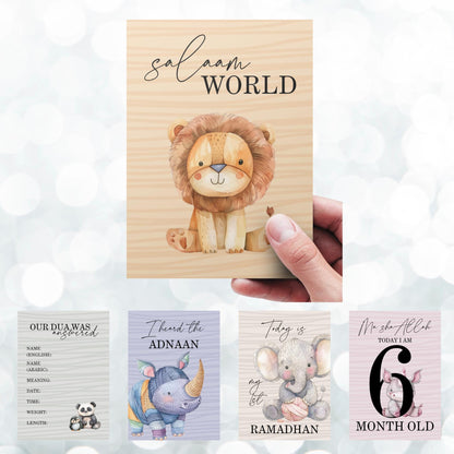 Bright Animal Islamic Milestone Cards - Muslim baby girls and boys - Islamic gifting - new and expectant parent gifting - baby gifting