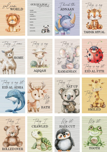 Bright Animal Islamic Milestone Cards - Muslim baby girls and boys - Islamic gifting - new and expectant parent gifting - baby gifting