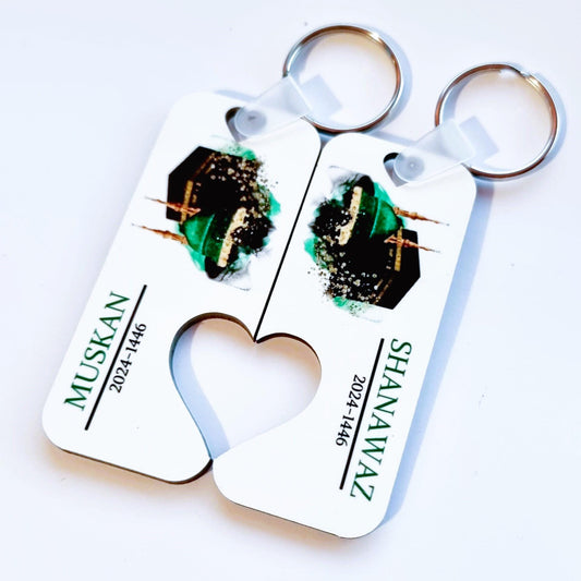 Personalised Muslim Couples Heart keyrings Hajj Mubarak, Umrah Kaaba and Medina Gift
